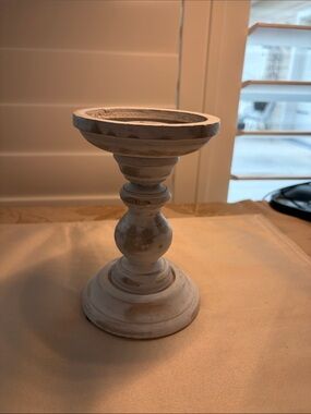 Six inch White Distressed Wood Pillar Candle Holder.